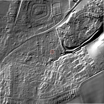Shaded relief map of the ground around DY90AL, computed from Environment Agency LiDAR. The ground here sits at about 98 m above sea level and falls 37 m across the surrounding 800 m. Surface water reaching this point runs off ground lying to the east, 4.5 m higher.