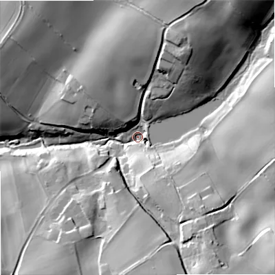 Shaded relief map of the ground around DY90BF, computed from Environment Agency LiDAR. The ground here sits at about 88 m above sea level and falls 33 m across the surrounding 800 m. Surface water reaching this point runs off ground lying to the south-east, 30.0 m higher.