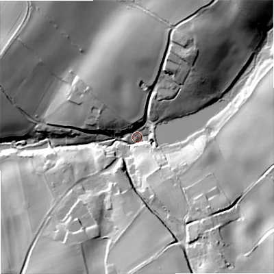 Shaded relief map of the ground around DY90BT, computed from Environment Agency LiDAR. The ground here sits at about 88 m above sea level and falls 32 m across the surrounding 800 m. Surface water reaching this point runs off ground lying to the north-north-east, 29.2 m higher.