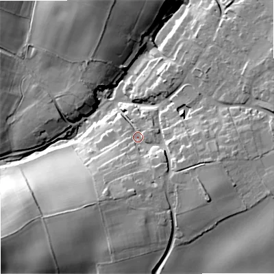 Shaded relief map of the ground around DY90DT, computed from Environment Agency LiDAR. The ground here sits at about 114 m above sea level and falls 27 m across the surrounding 800 m. Surface water reaching this point runs off ground lying to the south-east, 11.6 m higher.