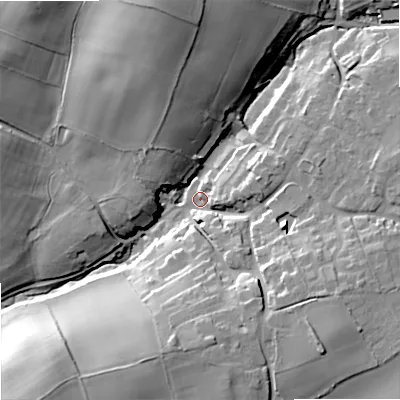 Shaded relief map of the ground around DY90DU, computed from Environment Agency LiDAR. The ground here sits at about 106 m above sea level and falls 34 m across the surrounding 800 m. Surface water reaching this point runs off ground lying to the south-east, 19.0 m higher.