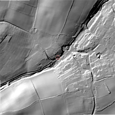 Shaded relief map of the ground around DY90DX, computed from Environment Agency LiDAR. The ground here sits at about 106 m above sea level and falls 33 m across the surrounding 800 m. Surface water reaching this point runs off ground lying to the north, 28.8 m higher.