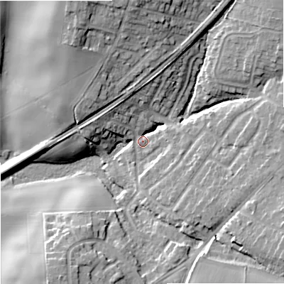 Shaded relief map of the ground around DY90GH, computed from Environment Agency LiDAR. The ground here sits at about 85 m above sea level and falls 21 m across the surrounding 800 m. Surface water reaching this point runs off ground lying to the north-east, 11.3 m higher.