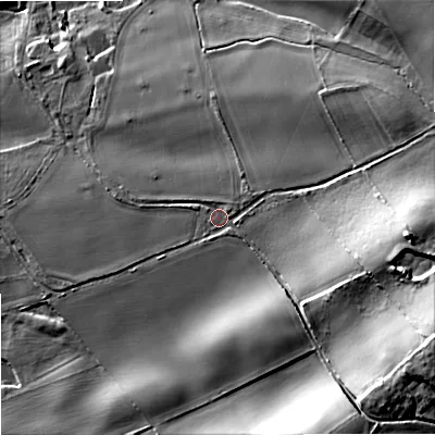 Shaded relief map of the ground around DY90HH, computed from Environment Agency LiDAR. The ground here sits at about 122 m above sea level and falls 36 m across the surrounding 800 m. Surface water reaching this point runs off ground lying to the east, 20.9 m higher.