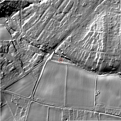Shaded relief map of the ground around DY90JN, computed from Environment Agency LiDAR. The ground here sits at about 89 m above sea level and falls 21 m across the surrounding 800 m. Surface water reaching this point runs off ground lying to the south-east, 12.8 m higher.