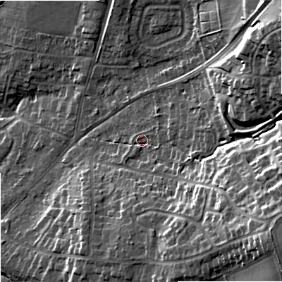 Shaded relief map of the ground around DY90JZ, computed from Environment Agency LiDAR. The ground here sits at about 95 m above sea level and falls 28 m across the surrounding 800 m. Surface water reaching this point runs off ground lying to the east-south-east, 19.4 m higher.