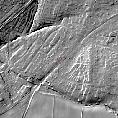 Shaded relief map of the ground around DY90LF, computed from Environment Agency LiDAR. The ground here sits at about 90 m above sea level and falls 20 m across the surrounding 800 m. Surface water reaching this point runs off ground lying to the east-south-east, 11.2 m higher.