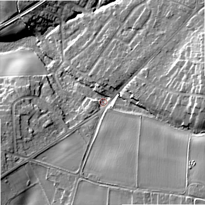 Shaded relief map of the ground around DY90LG, computed from Environment Agency LiDAR. The ground here sits at about 86 m above sea level and falls 20 m across the surrounding 800 m. Surface water reaching this point runs off ground lying to the south-east, 14.4 m higher.