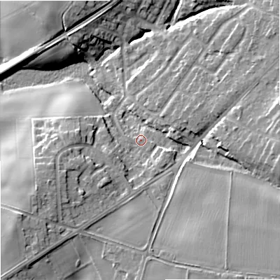 Shaded relief map of the ground around DY90LJ, computed from Environment Agency LiDAR. The ground here sits at about 86 m above sea level and falls 18 m across the surrounding 800 m. Surface water reaching this point runs off ground lying to the west-south-west, 9.7 m higher.