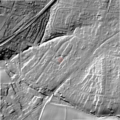Shaded relief map of the ground around DY90LL, computed from Environment Agency LiDAR. The ground here sits at about 89 m above sea level and falls 20 m across the surrounding 800 m. Surface water reaching this point runs off ground lying to the north-east, 9.5 m higher.