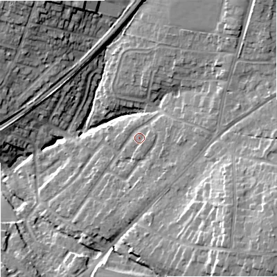 Shaded relief map of the ground around DY90LP, computed from Environment Agency LiDAR. The ground here sits at about 89 m above sea level and falls 21 m across the surrounding 800 m. Surface water reaching this point runs off ground lying to the east, 4.3 m higher.