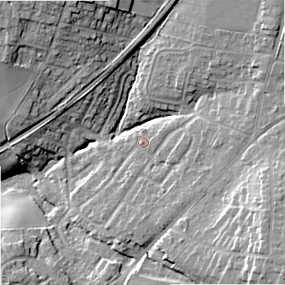 Shaded relief map of the ground around DY90LR, computed from Environment Agency LiDAR. The ground here sits at about 88 m above sea level and falls 21 m across the surrounding 800 m. Surface water reaching this point runs off ground lying to the north-east, 9.3 m higher.