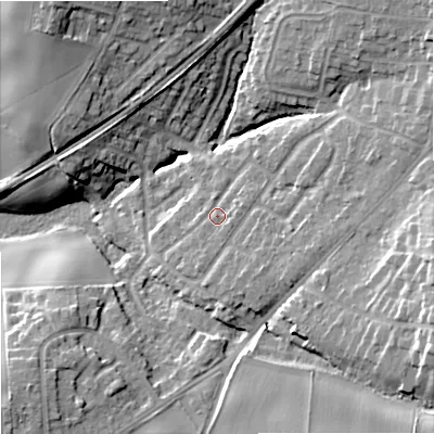 Shaded relief map of the ground around DY90LS, computed from Environment Agency LiDAR. The ground here sits at about 88 m above sea level and falls 20 m across the surrounding 800 m. Surface water reaching this point runs off ground lying to the east-south-east, 1.6 m higher.