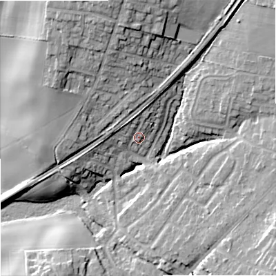 Shaded relief map of the ground around DY90LT, computed from Environment Agency LiDAR. The ground here sits at about 88 m above sea level and falls 24 m across the surrounding 800 m. Surface water reaching this point runs off ground lying to the north-north-west, 4.9 m higher.