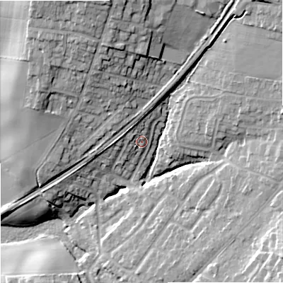 Shaded relief map of the ground around DY90LU, computed from Environment Agency LiDAR. The ground here sits at about 88 m above sea level and falls 25 m across the surrounding 800 m. Surface water reaching this point runs off ground lying to the north-west, 5.2 m higher.