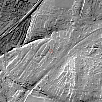 Shaded relief map of the ground around DY90NE, computed from Environment Agency LiDAR. The ground here sits at about 90 m above sea level and falls 21 m across the surrounding 800 m. Surface water reaching this point runs off ground lying to the east-north-east, 1.5 m higher.