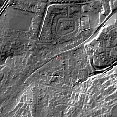 Shaded relief map of the ground around DY90QD, computed from Environment Agency LiDAR. The ground here sits at about 95 m above sea level and falls 29 m across the surrounding 800 m. Surface water reaching this point runs off ground lying to the east-north-east, 20.3 m higher.