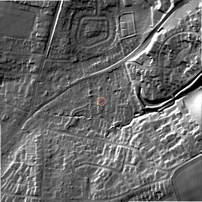 Shaded relief map of the ground around DY90QE, computed from Environment Agency LiDAR. The ground here sits at about 97 m above sea level and falls 34 m across the surrounding 800 m. Surface water reaching this point runs off ground lying to the east, 3.1 m higher.
