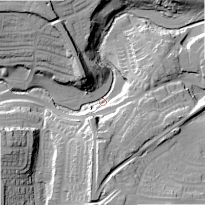 Shaded relief map of the ground around DY97PP, computed from Environment Agency LiDAR. The ground here sits at about 71 m above sea level and falls 32 m across the surrounding 800 m. Surface water reaching this point runs off ground lying to the south, 31.2 m higher.