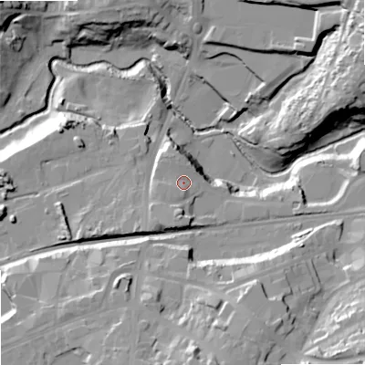 Shaded relief map of the ground around DY98EL, computed from Environment Agency LiDAR. The ground here sits at about 87 m above sea level and falls 38 m across the surrounding 800 m. Surface water reaching this point runs off ground lying to the south-west, 2.4 m higher.