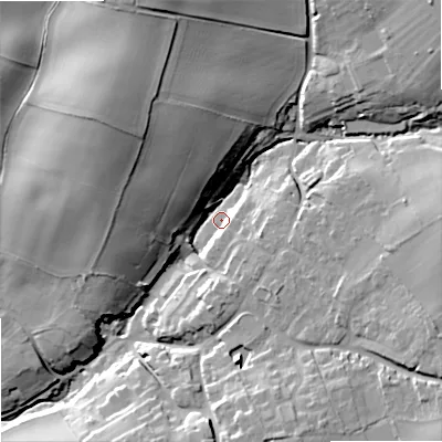 Shaded relief map of the ground around DY99AF, computed from Environment Agency LiDAR. The ground here sits at about 110 m above sea level and falls 33 m across the surrounding 800 m. Surface water reaching this point runs off ground lying to the north-west, 26.2 m higher.