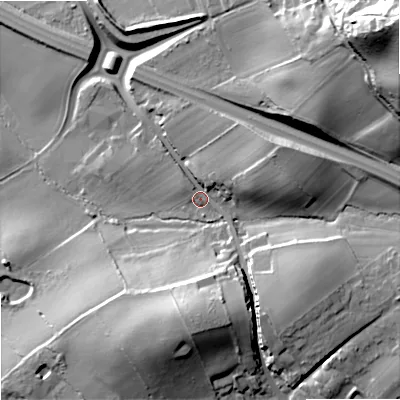 Shaded relief map of the ground around DY99QA, computed from Environment Agency LiDAR. The ground here sits at about 141 m above sea level and falls 73 m across the surrounding 800 m. Surface water reaching this point runs off ground lying to the south-east, 17.5 m higher.