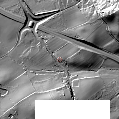 Shaded relief map of the ground around DY99QB, computed from Environment Agency LiDAR. The ground here sits at about 145 m above sea level and falls 74 m across the surrounding 800 m. Surface water reaching this point runs off ground lying to the east-north-east, 14.0 m higher.