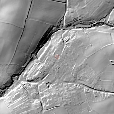 Shaded relief map of the ground around DY99ST, computed from Environment Agency LiDAR. The ground here sits at about 117 m above sea level and falls 32 m across the surrounding 800 m. Surface water reaching this point runs off ground lying to the east, 12.5 m higher.