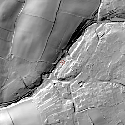 Shaded relief map of the ground around DY99TB, computed from Environment Agency LiDAR. The ground here sits at about 108 m above sea level and falls 33 m across the surrounding 800 m. Surface water reaching this point runs off ground lying to the north-north-west, 27.6 m higher.