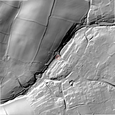 Shaded relief map of the ground around DY99TD, computed from Environment Agency LiDAR. The ground here sits at about 108 m above sea level and falls 33 m across the surrounding 800 m. Surface water reaching this point runs off ground lying to the north-north-west, 27.6 m higher.