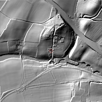 Shaded relief map of the ground around DY99TS, computed from Environment Agency LiDAR. The ground here sits at about 134 m above sea level and falls 43 m across the surrounding 800 m. Surface water reaching this point runs off ground lying to the north-north-east, 21.4 m higher.