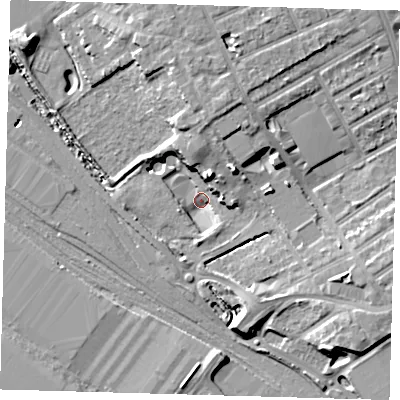 Shaded relief map of the ground around E105BY, computed from Environment Agency LiDAR. The ground here sits at about 5 m above sea level and falls 11 m across the surrounding 800 m. Surface water reaching this point runs off ground lying to the north-north-east, 9.3 m higher.