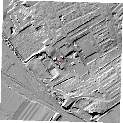 Shaded relief map of the ground around E105NB, computed from Environment Agency LiDAR. The ground here sits at about 9 m above sea level and falls 11 m across the surrounding 800 m. Surface water reaching this point runs off ground lying to the north, 5.0 m higher.