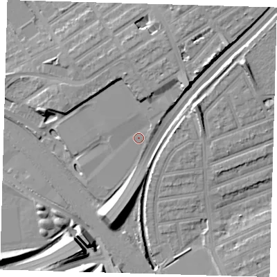 Shaded relief map of the ground around E105NH, computed from Environment Agency LiDAR. The ground here sits at about 8 m above sea level and falls 15 m across the surrounding 800 m. Surface water reaching this point runs off ground lying to the north-east, 7.3 m higher.