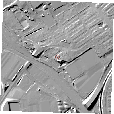 Shaded relief map of the ground around E105NX, computed from Environment Agency LiDAR. The ground here sits at about 9 m above sea level and falls 12 m across the surrounding 800 m. Surface water reaching this point runs off ground lying to the east-north-east, 4.3 m higher.