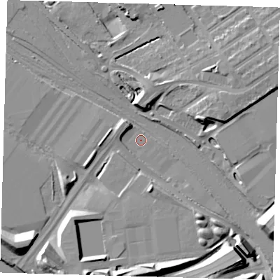Shaded relief map of the ground around E105PB, computed from Environment Agency LiDAR. The ground here sits at about 5 m above sea level and falls 12 m across the surrounding 800 m. Surface water reaching this point runs off ground lying to the south-south-east, 5.9 m higher.