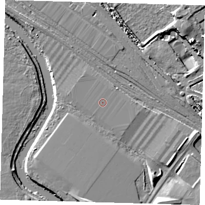 Shaded relief map of the ground around E105SG, computed from Environment Agency LiDAR. The ground here sits at about 7 m above sea level and falls 10 m across the surrounding 800 m. The ground contributing surface water to this point lies to the south-west.