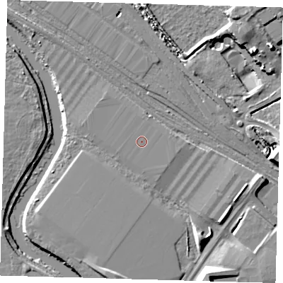 Shaded relief map of the ground around E105SH, computed from Environment Agency LiDAR. The ground here sits at about 7 m above sea level and falls 10 m across the surrounding 800 m. The ground contributing surface water to this point lies to the south-west.
