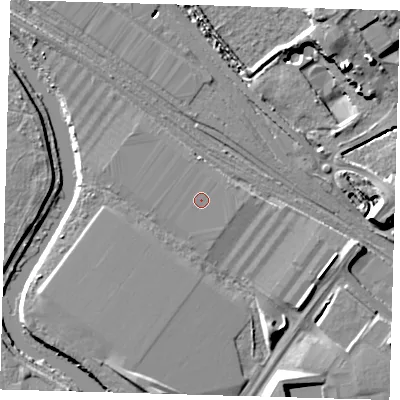 Shaded relief map of the ground around E105SJ, computed from Environment Agency LiDAR. The ground here sits at about 7 m above sea level and falls 10 m across the surrounding 800 m. The ground contributing surface water to this point lies to the south-south-east.