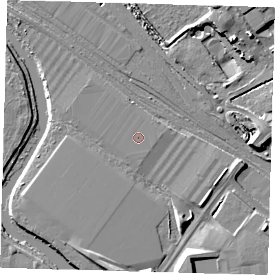 Shaded relief map of the ground around E105SL, computed from Environment Agency LiDAR. The ground here sits at about 7 m above sea level and falls 10 m across the surrounding 800 m. The ground contributing surface water to this point lies to the south-south-east.