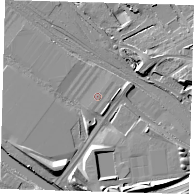Shaded relief map of the ground around E105SQ, computed from Environment Agency LiDAR. The ground here sits at about 7 m above sea level and falls 12 m across the surrounding 800 m. The ground contributing surface water to this point lies to the south-south-east.