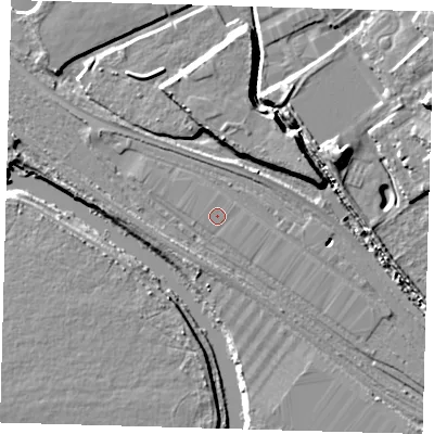 Shaded relief map of the ground around E105YA, computed from Environment Agency LiDAR. The ground here sits at about 7 m above sea level and falls 10 m across the surrounding 800 m. The ground contributing surface water to this point lies to the east-north-east.
