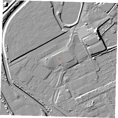 Shaded relief map of the ground around E107AB, computed from Environment Agency LiDAR. The ground here sits at about 8 m above sea level and falls 11 m across the surrounding 800 m. The ground contributing surface water to this point lies to the north-north-west.