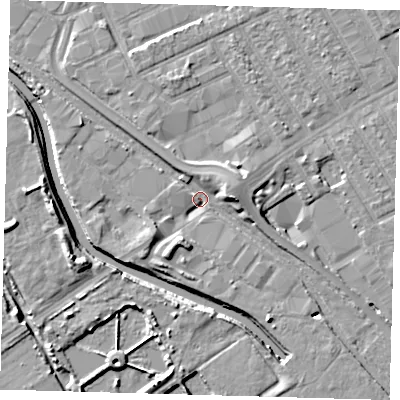 Shaded relief map of the ground around E107AG, computed from Environment Agency LiDAR. The ground here sits at about 6 m above sea level and falls 8 m across the surrounding 800 m. Surface water reaching this point runs off ground lying to the east-north-east, 5.0 m higher.