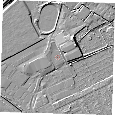 Shaded relief map of the ground around E107AS, computed from Environment Agency LiDAR. The ground here sits at about 7 m above sea level and falls 9 m across the surrounding 800 m. Surface water reaching this point runs off ground lying to the west, 1.1 m higher.
