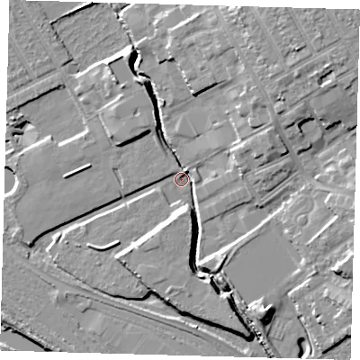 Shaded relief map of the ground around E107BL, computed from Environment Agency LiDAR. The ground here sits at about 6 m above sea level and falls 11 m across the surrounding 800 m. Surface water reaching this point runs off ground lying to the south-south-east, 6.3 m higher.