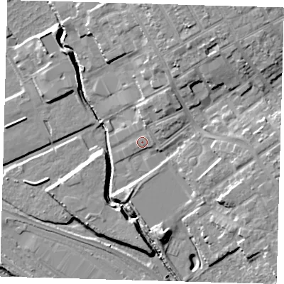 Shaded relief map of the ground around E107BT, computed from Environment Agency LiDAR. The ground here sits at about 8 m above sea level and falls 11 m across the surrounding 800 m. Surface water reaching this point runs off ground lying to the north-north-east, 1.7 m higher.