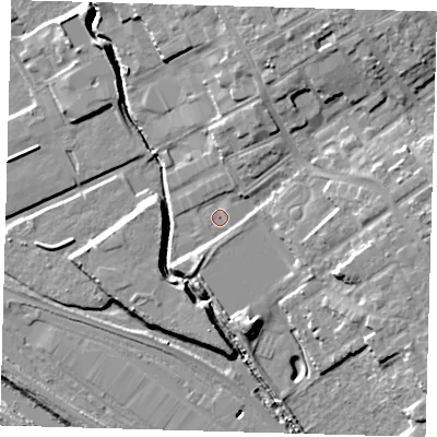 Shaded relief map of the ground around E107DE, computed from Environment Agency LiDAR. The ground here sits at about 6 m above sea level and falls 11 m across the surrounding 800 m. Surface water reaching this point runs off ground lying to the north-north-east, 7.9 m higher.