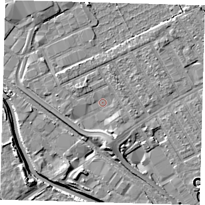 Shaded relief map of the ground around E107DQ, computed from Environment Agency LiDAR. The ground here sits at about 7 m above sea level and falls 11 m across the surrounding 800 m. Surface water reaching this point runs off ground lying to the south-south-east, 3.2 m higher.