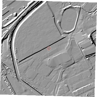 Shaded relief map of the ground around E107FB, computed from Environment Agency LiDAR. The ground here sits at about 7 m above sea level and falls 10 m across the surrounding 800 m. Surface water reaching this point runs off ground lying to the west, 2.9 m higher.